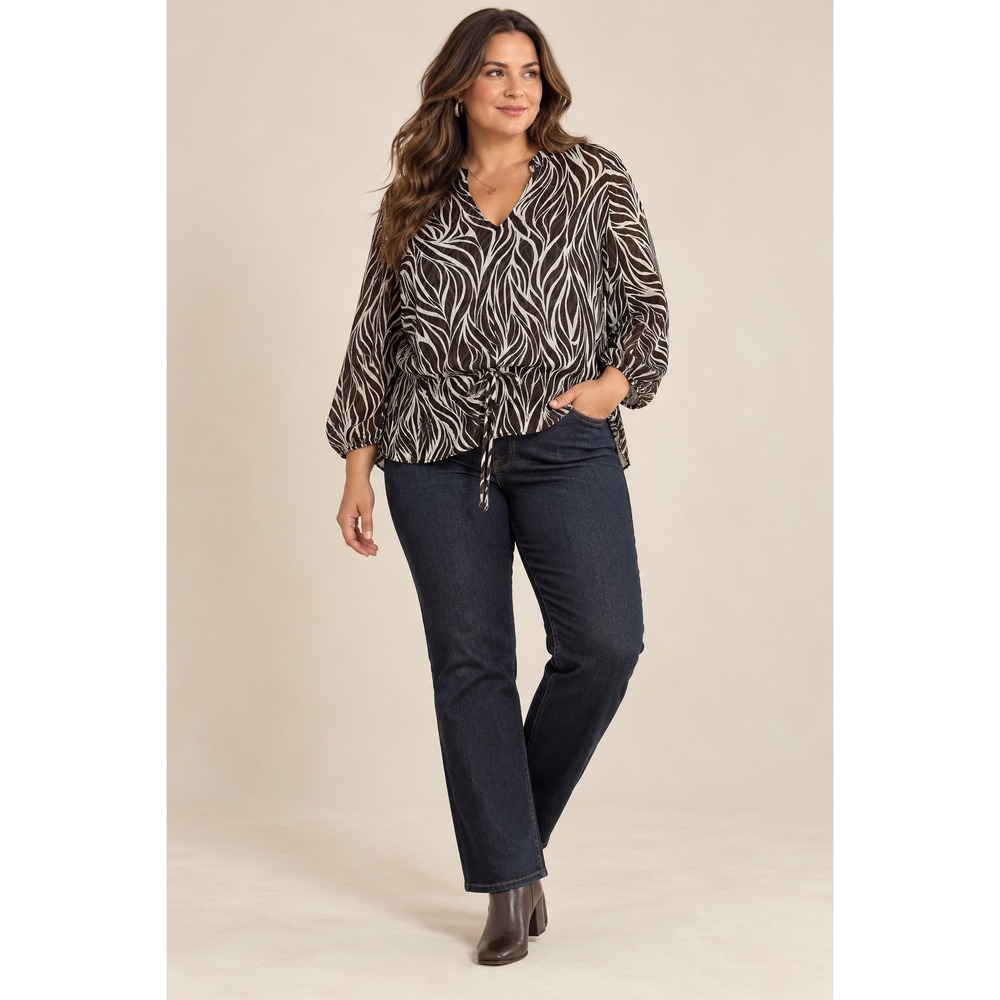 Anne Klein Blouse Brown Zebra Print Drawstring Waist Chiffon Office Small